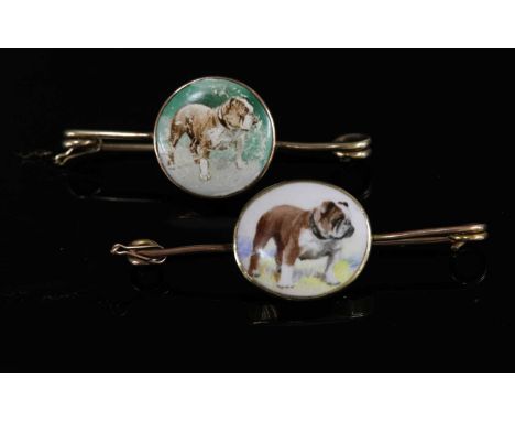 Two painted ceramic plaque brooches, both studies of bulldog 'Roseville Blaze', Kennel Club Champion 1914, one by Reuben Ward