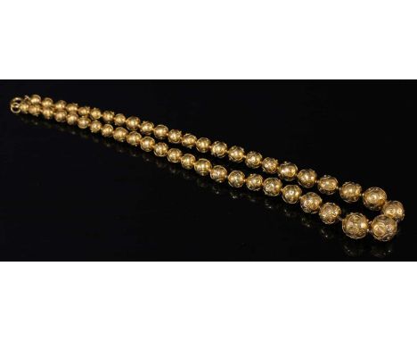 A Victorian Etruscan Revival graduated gold bead necklace, c.1860, with spherical beads from approximately 6 to 11.5mm in siz