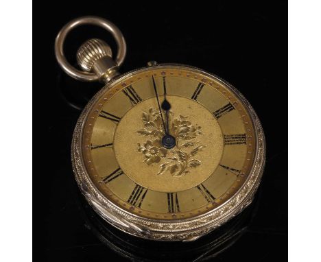 An 18ct gold top wind, open faced fob watch, 38mm diameter. A gold engine turned and hand engraved dial with black Roman nume