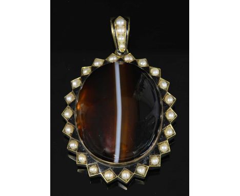 A Victorian gold, agate, split pearl and enamel pendant, with an oval cabochon banded agate, rub set to the centre. A crimped