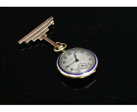 An 18ct gold Cartier enamel and diamond set mechanical fob watch, 27mm diameter. An engine turned silvered dial, with black A