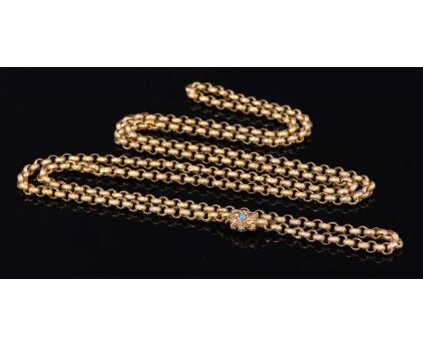 A late Georgian or Regency gold long chain, with a turquoise set barrel clasp, with textured and raised star belcher links to