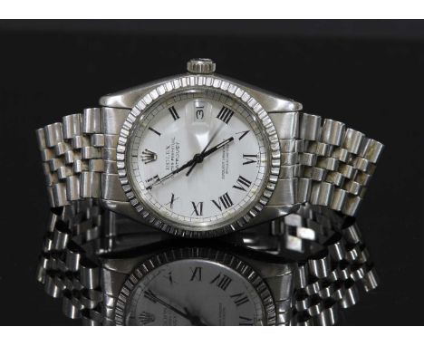 A gentlemen's stainless steel Rolex Oyster Perpetual Datejust automatic watch, model no. 16030, c.1979. A white enamelled dia