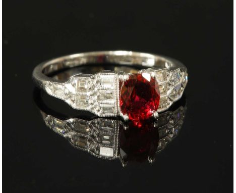 An Art Deco-style unheated ruby and diamond ring, with a cushion cut ruby, estimated as approximately 0.90ct, four claw set i