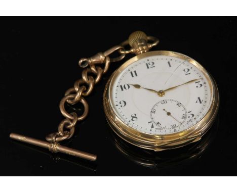 A 9ct gold Rolex top wind open-faced pocket watch, 50mm in diameter, with a white enamelled dial, black Arabic numerals, gold