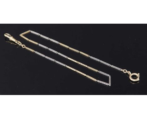 An Art Deco two colour, gold and platinum watch chain, with sets of three bar links set alternatively with a swivel clip to o