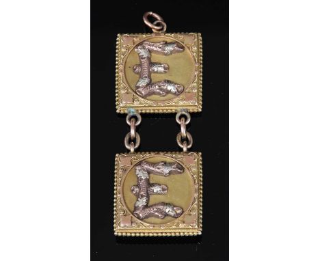 A late Victorian Aesthetic Movement gold and silver photograph fob or pendant, with two square plaques. Each plaque with a ro