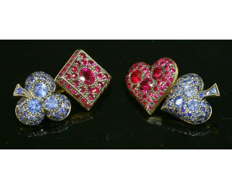 A pair of gold ruby and sapphire set playing card suit cufflinks, with the spades and clubs pavé set with graduated sapphires