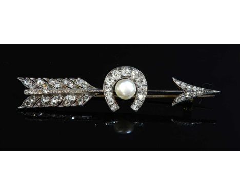 A cased Victorian pearl and diamond arrow and horseshoe brooch, c.1890, the arrow with a graduated rose cut diamond set arrow