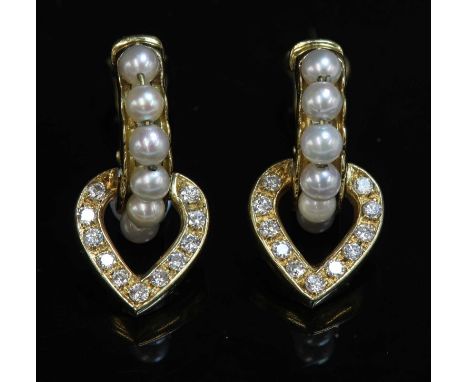 A pair of Italian gold cultured pearl and diamond earrings, with a half hoop top, composed of a row of fully drilled central 