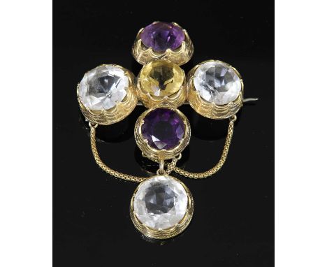 A Victorian gold citrine, amethyst and rock crystal cruciform and swag brooch/pendant, with graduated quartz gemstones, claw 