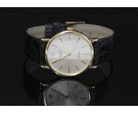 A gentlemen's 18ct gold Rolex Geneve Cellini mechanical strap watch, c.1991, a circular silvered dial, raised gilt batons and