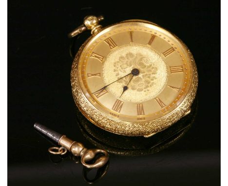 A Swiss 18ct gold key wound open-faced fob watch, with a 37mm diameter case. A gold engine turned dial with raised Roman nume