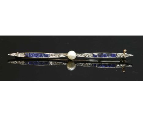An Art Deco gold and platinum, pearl, sapphire and diamond propeller form bar brooch, c.1920, a 4.5mm pearl, peg set to the c
