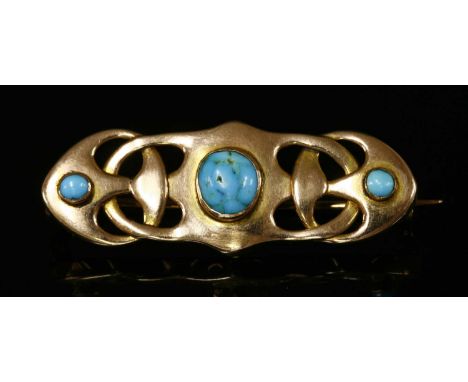 A 9ct gold turquoise brooch, by William Hair Haseler, of open Celtic bar form, with three graduated turquoise, rub set at int