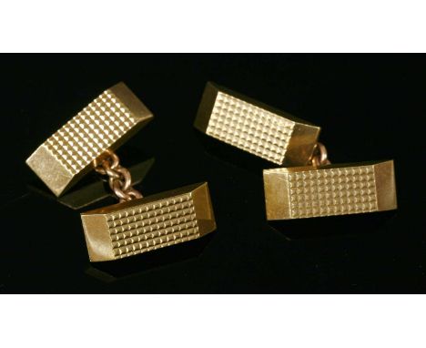 A pair of 9ct gold chain-link cufflinks, by Nathan Brothers, with pairs of rectangular plates with bevelled end and hobnail e