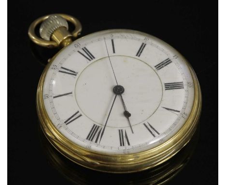 An 18ct gold top wind open-faced pocket watch, 50mm diameter, with a white enamel dial, black Roman numerals, minute chapter 