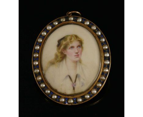 A painted oval miniature pendant, in a gold, split pearl and enamel frame. The miniature c.1910, of a girl with blonde hair a
