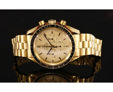 An 18ct gold Omega Speedmaster Professional 'Apollo XI' limited edition moonlanding mechanical bracelet watch, c.1969, no. 66