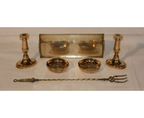 BRASS CANDLE STICKS, TRAY, BOWLS & JOHN RUSKIN MEMORIAL TOASTING FORK  