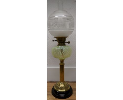 VICTORIAN OIL LAMP &amp; SHADE WITH VASELINE GLASS BOWL AND BRASS COLUMN