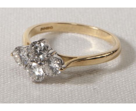 18CT YELLOW GOLD FANCY SET DIAMOND RING 4X ROUND BRILLIANT CUT STONES, CLAW SET WHITE HEAD, DETAILS APPROX. G-H/VS1/0.75CT TO