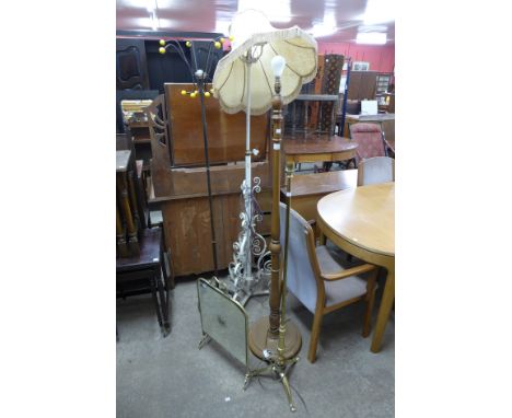 Three standard lamps, 1970's coat stand and a brass and mirrored firescreen