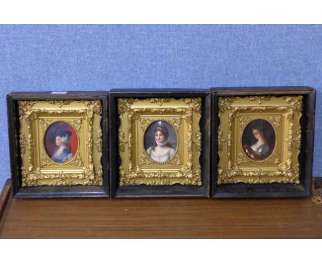 A set of three early 19th Century portrait miniatures of ladies, oval quarter length, on porcelain, 8.5 x 7cms, gilt framed