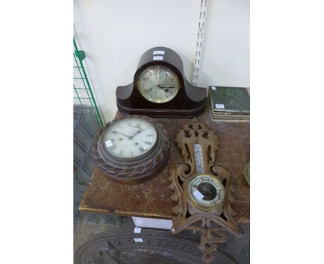 A Victorian wall clock, aneroid barometer and German mantel clock
