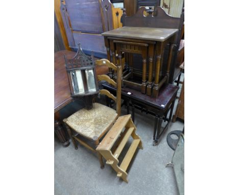 Two nests of tables, small pine shelf, oak chair, etc.