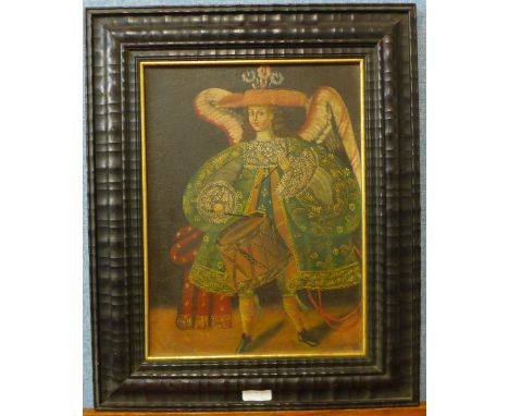 A 16th Century style portrait of a boy with drum, oil on canvas, 38 x 28cms, framed 