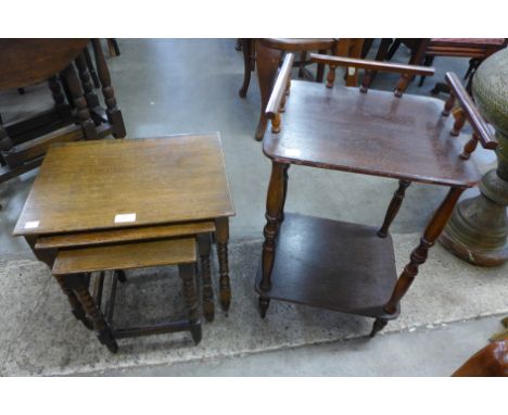 A bobbin turned oak nest of tables and one other 