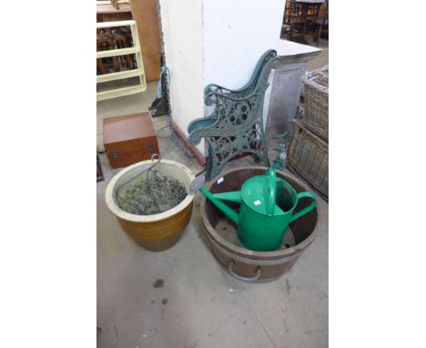 Two garden planters, pair of cast alloy bench ends, etc. 