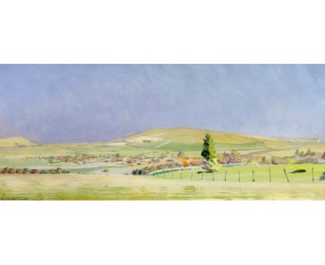 Julian Bell '91 (b.1952) mixed media, possibly gouache, Panoramic rural landscape, signed, 39 x 17cm