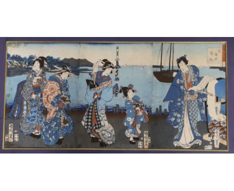Toyohara Kunichika (1835 –1900) Japanese woodblock print, Females wearing kimonos, with character marks, 66 x 32cm