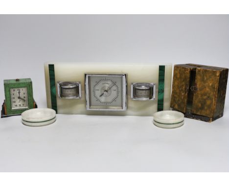 An Art Deco white onyx and malachite desk-top barometer, pair of matching dishes, together with a Jaz alarm clock in fitted c