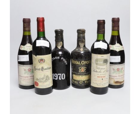 Wine: Two bottles of Royal Oporto 1970 vintage port, two bottles of Chassagne-Montrachet Gilles Bouton 1999 and two other cla