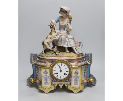 A mid-19th French century porcelain figural mantel clock, the enamel dial inscribed Rollin Paris, 44cm high