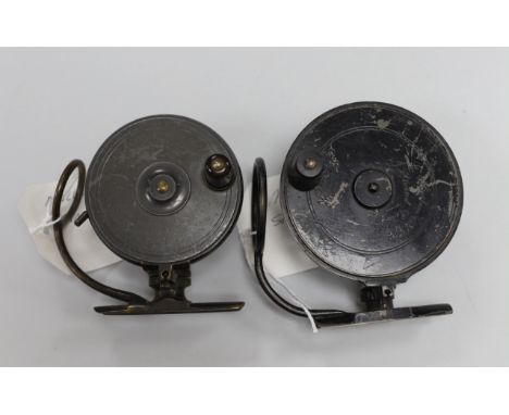 Two Malloch’s Patent fishing reels, largest reel 10cm diameter