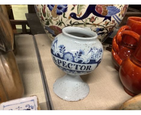 An 18th century English delftware wet drug jar titled S:PECTOR, 20cm high