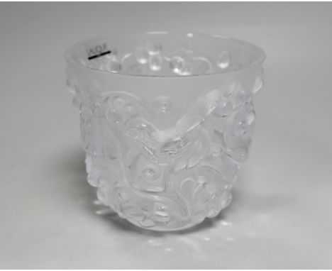 A Lalique Avallon glass vase with birds perching on fruiting branches, 14.5cm high