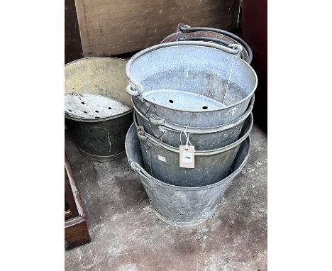 Seven vintage galvanised fire extinguisher buckets, largest height 16cm