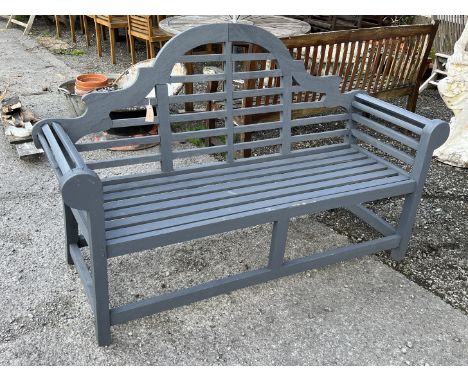 A painted Lutyens style teak garden bench, length 170cm, depth 50cm, height 104cm