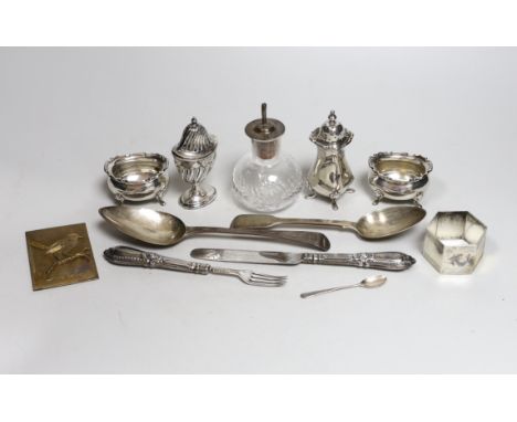 Assorted sundry silver, including condiments, christening pair, napkin ring, flatware and a 1970s silver gilt 'greeting card'