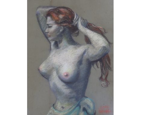 Betty Raphael (20th century), heightened pastel on paper, Half length portrait of a semi nude woman, 45 x 34cm