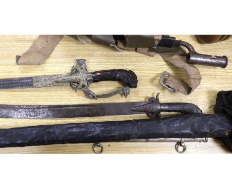 A George V 1897 pattern officer's sword in leather scabbard and canvas outer case with additional steel scabbard, together wi