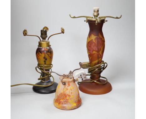 Three decorative glass lamp bases including a Galle style example, the largest 34cm including the fitting