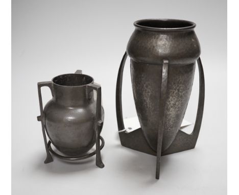 A Tudric Archibald Knox pewter vase and similar Connell pewter pot, Tudric vase 18.5cm high