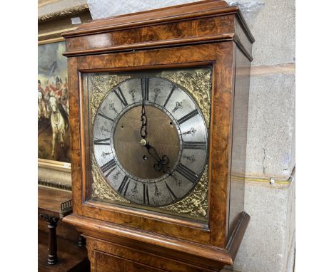 An 18th century 10in. longcase clock dial, with later movement and  burr walnut case, height 172cm