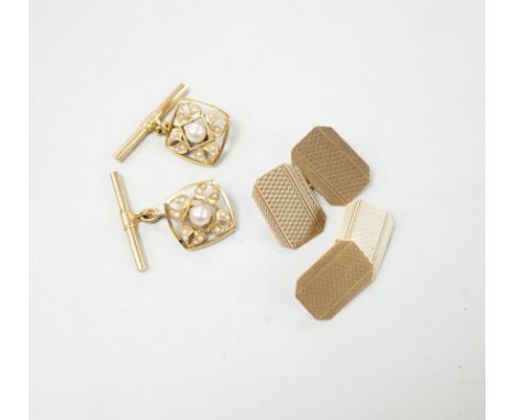 Two pairs of yellow metal cufflinks including engine turned 9ct and cultured pearl set, gross weight 8.9 grams.